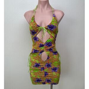 I AM GIA Green Floral Cutout Halter Keyhole Mini Dress Women’s S